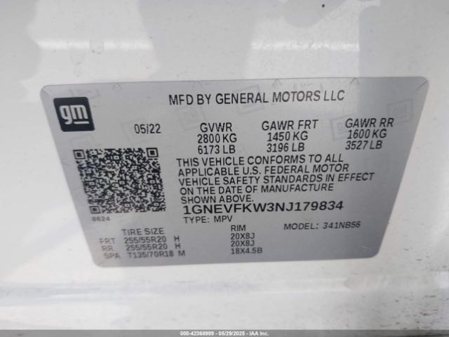 1GNEVFKW3NJ179834 Chevrolet Traverse Awd Ls