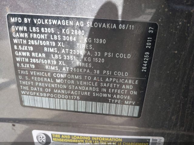 2012 VOLKSWAGEN TOUAREG WVGFK9BP0CD001175 Photo 8