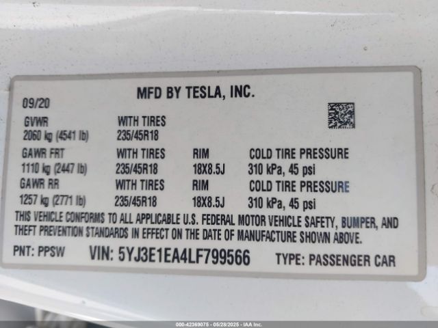5YJ3E1EA4LF799566 Tesla 2020
