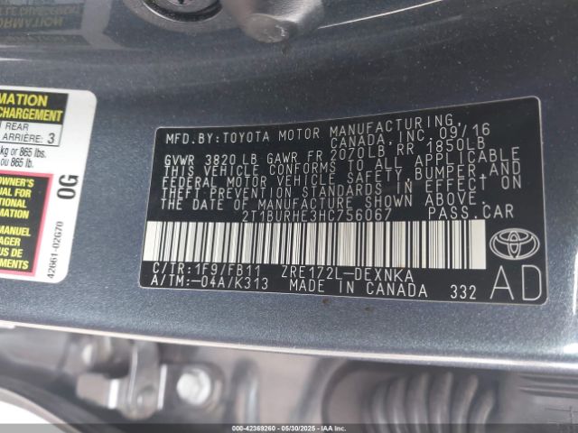 2T1BURHE3HC756067 Toyota COROLLA LE