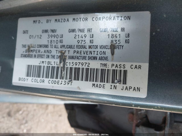 Aukcja sprzedaży 2012 Mazda Mazda3 I Touring, vin: JM1BL1L70C1597972, numer aukcji: 42369308
