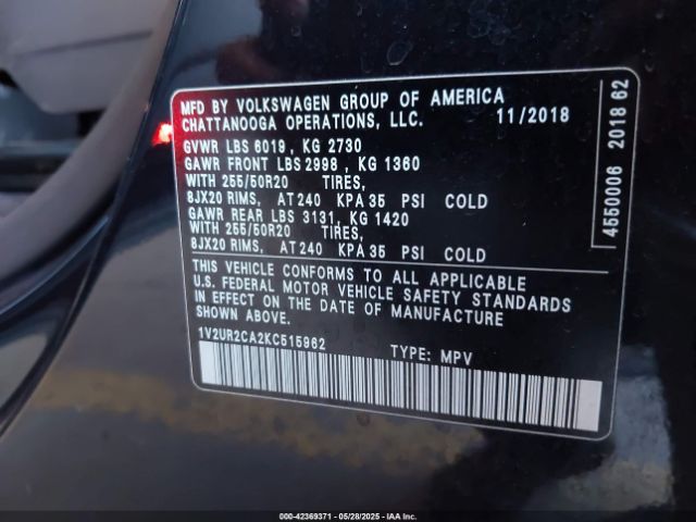 2019 VOLKSWAGEN ATLAS 1V2UR2CA2KC515962 Photo 8