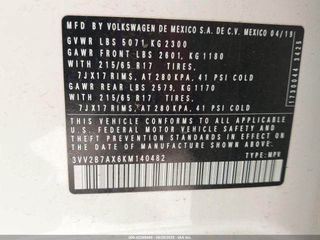 3VV2B7AX6KM140482 Volkswagen Tiguan 2.0t Se/2.0t Sel/2.0t Sel R-line/2.0t Sel R-line Black