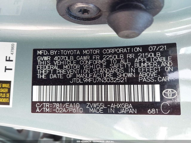 JTDL9MFU7N3032521 Toyota 2zr-fxe, 1nm+1mm