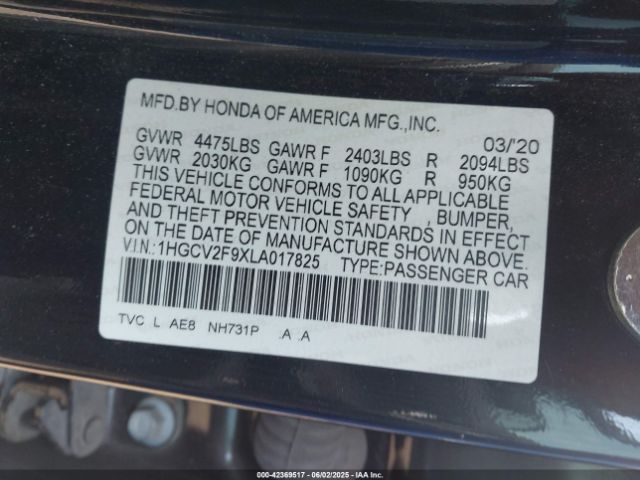 2020 HONDA ACCORD 1HGCV2F9XLA017825 Photo 8
