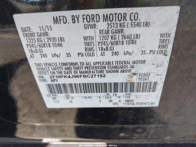 2FMPK4J96FBC27192 Ford EDGE SEL
