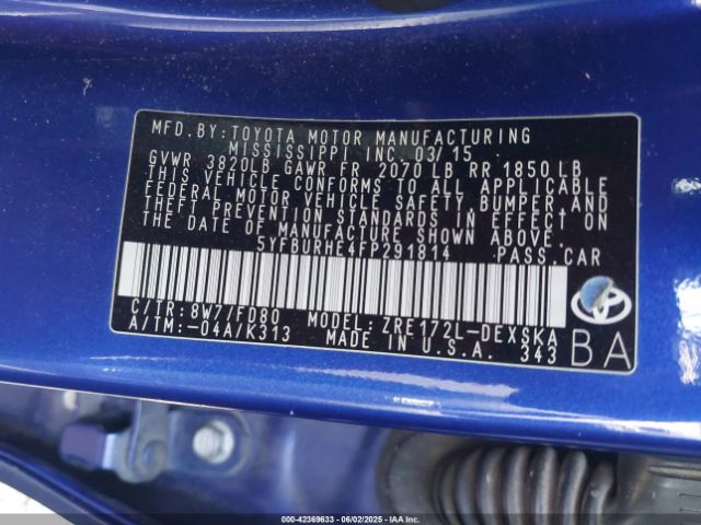 5YFBURHE4FP291814 Toyota 2zr-fe