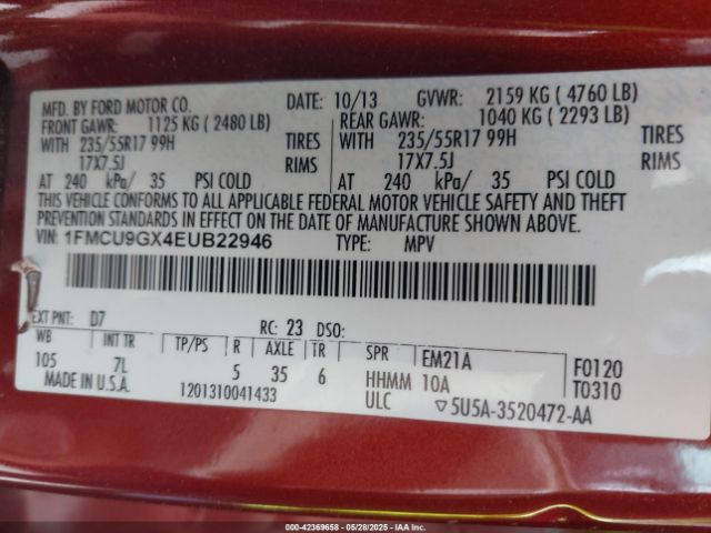 1FMCU9GX4EUB22946 Ford ESCAPE SE