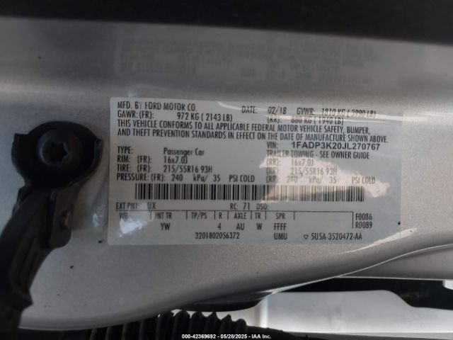 1FADP3K20JL270767 Ford 2.0l gdi