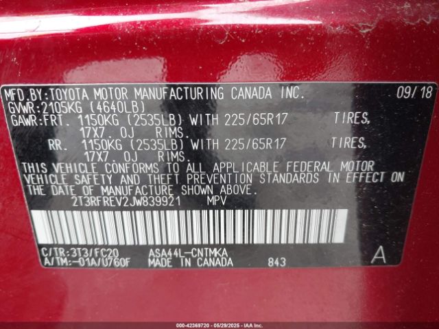 2T3RFREV2JW839921 Toyota Rav4 Xle