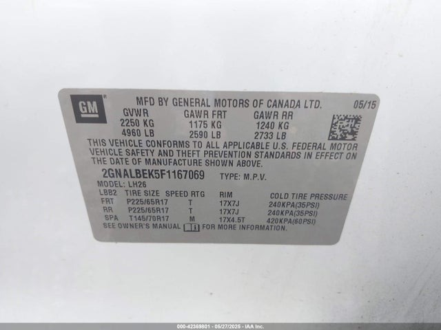 Chevrolet EQUINOX 1LT 2015 2GNALBEK5F1167069 Image 9