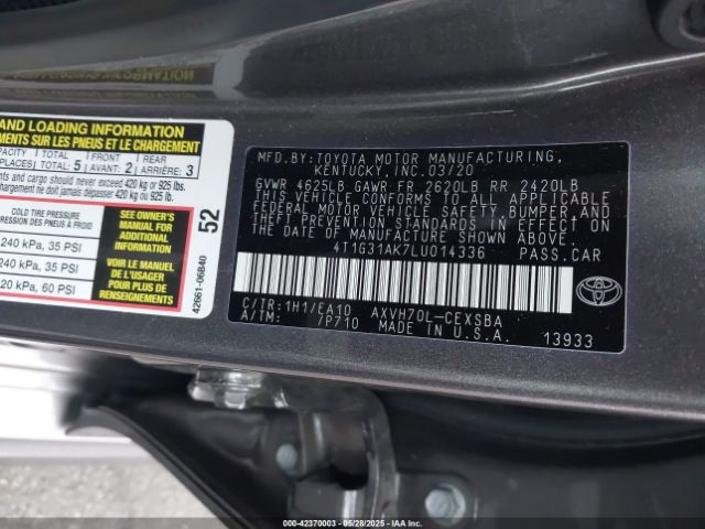 2020 TOYOTA CAMRY 4T1G31AK7LU014336 Photo 8