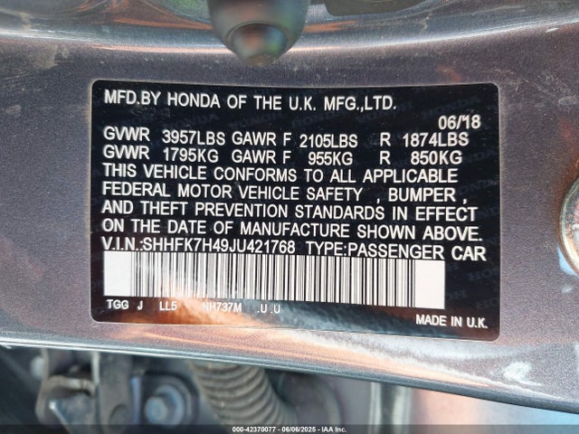 SHHFK7H49JU421768 Honda l15ba