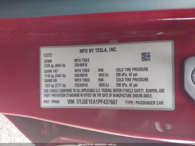 5YJ3E1EA1PF437667 Tesla Model 3 Rear-wheel Drive