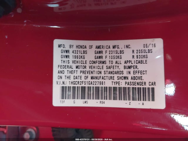 1HGCR2F51GA227981 Honda Accord Sport