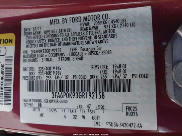 3FA6P0K93GR192158 Ford Fusion Titanium