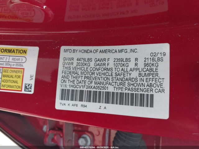 1HGCV1F3XKA052501 Honda Accord Sport