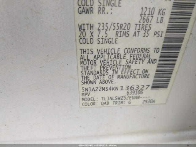 5N1AZ2MS4KN136327 Nissan Murano Platinum