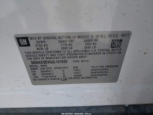 3GNAXSEV9JL101632 Chevrolet lyx - direct injection, vvt, fgt, turbo, alum, gen1