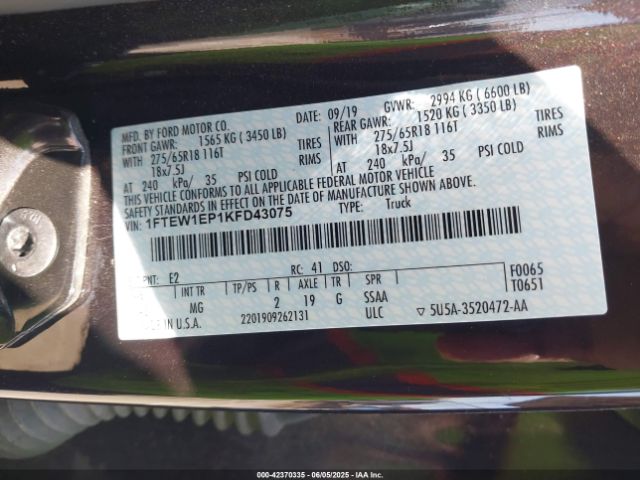 1FTEW1EP1KFD43075 Ford F-150 Xlt