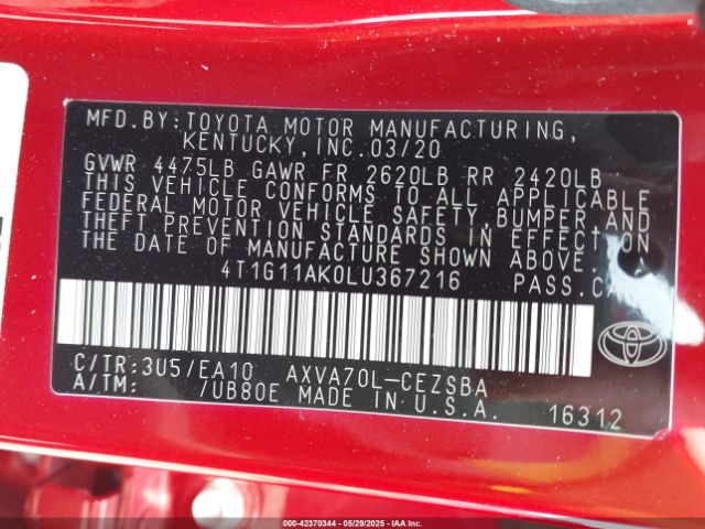 2020 TOYOTA CAMRY 4T1G11AK0LU367216 Photo 8