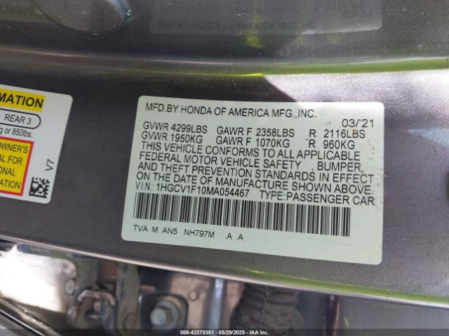 1HGCV1F10MA054467 Honda ACCORD LX