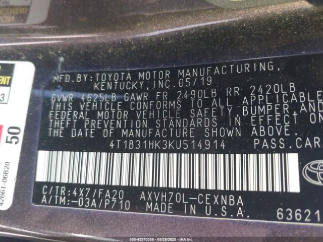4T1B31HK3KU514914 Toyota Camry Hybrid Le
