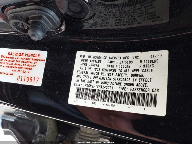1HGCR2F10HA243331 Honda Accord Sport Se