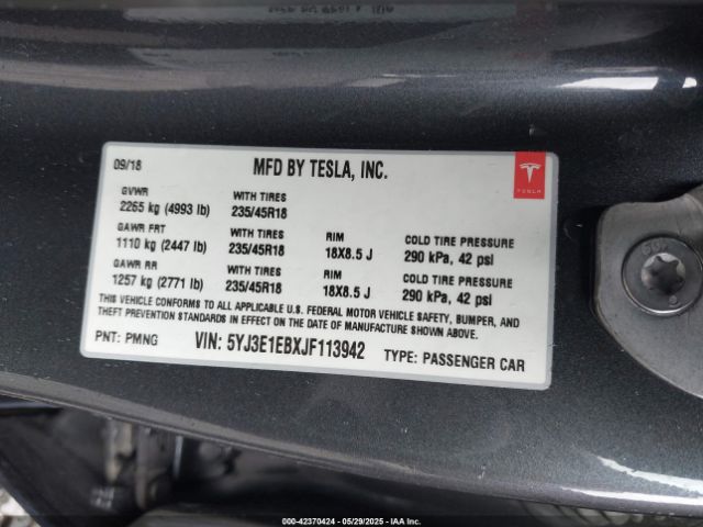 5YJ3E1EBXJF113942 Tesla Model 3 Long Range/performance