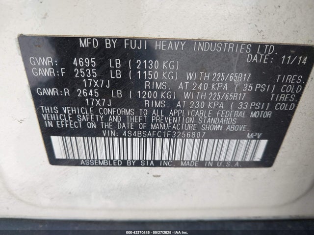 Subaru Outback 2.5i Premium 2015 4S4BSAFC1F3256807 Image 9