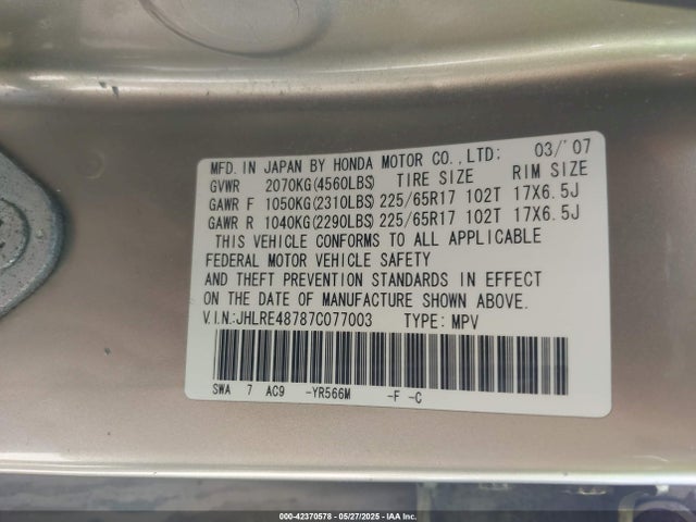 Aukcja sprzedaży 2007 Honda Cr-v Ex-l, vin: JHLRE48787C077003, numer aukcji: 42370578