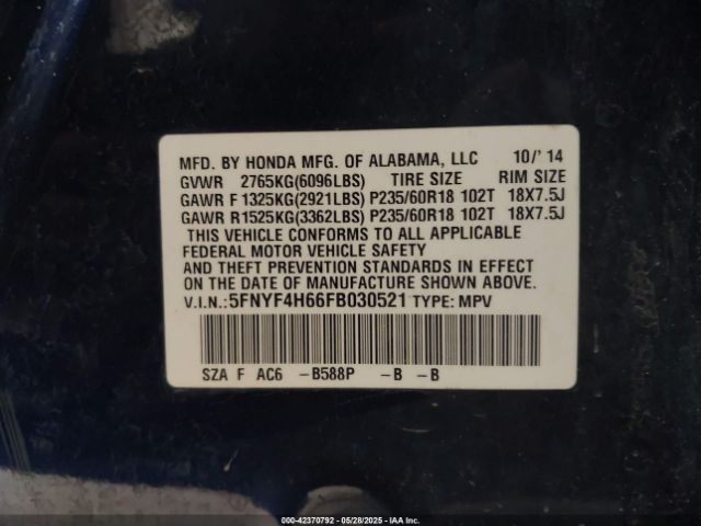 5FNYF4H66FB030521 Honda Pilot Ex-l
