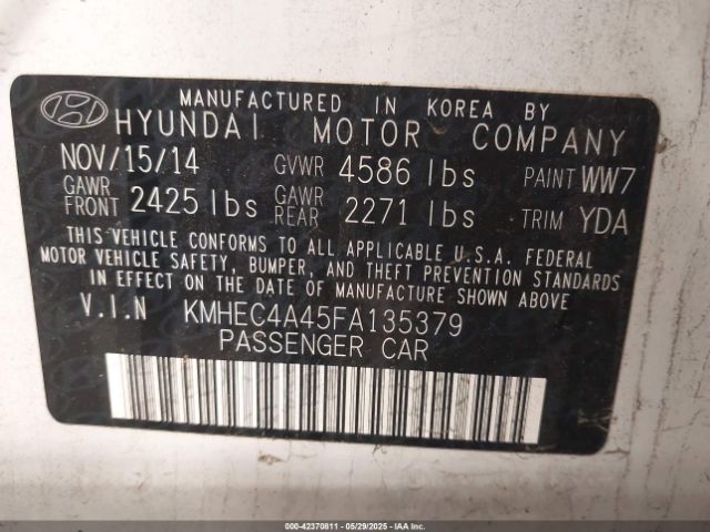 KMHEC4A45FA135379 Hyundai SONATA HYBRID