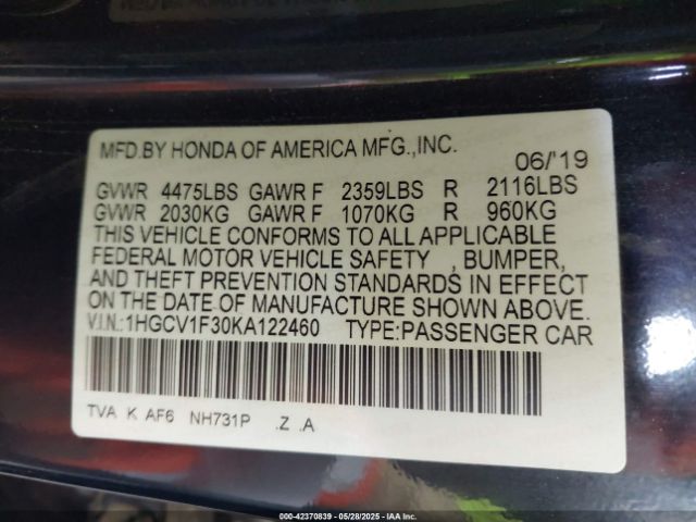 1HGCV1F30KA122460 Honda l15be