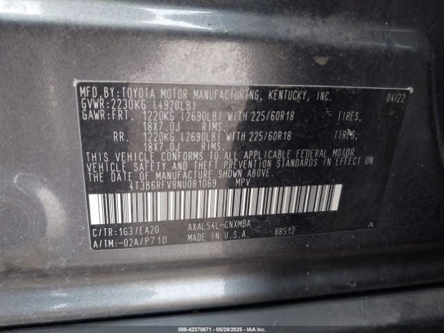 4T3B6RFV8NU081069 Toyota Rav4 Hybrid Xle Premium