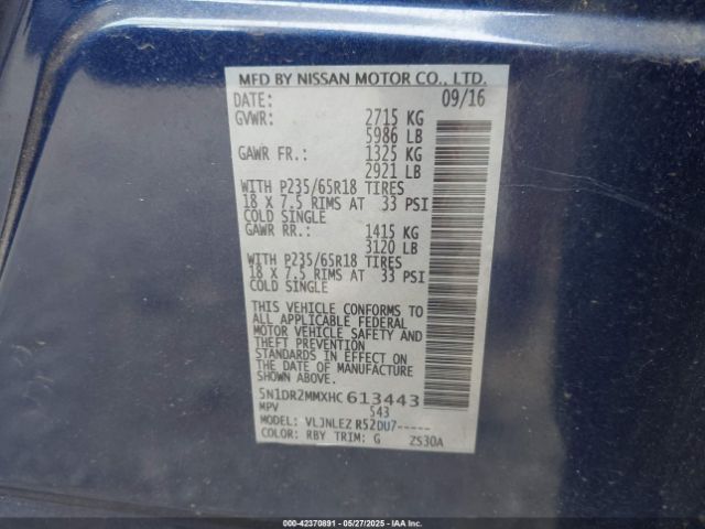 5N1DR2MMXHC613443 Nissan Pathfinder Platinum/s/sl/sv