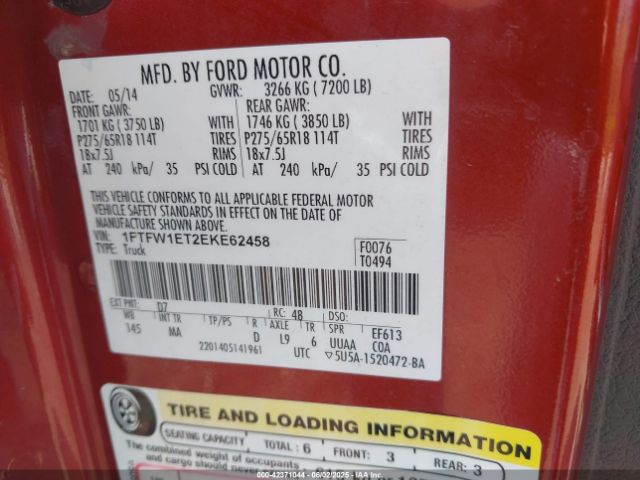 1FTFW1ET2EKE62458 Ford F-150 Xlt