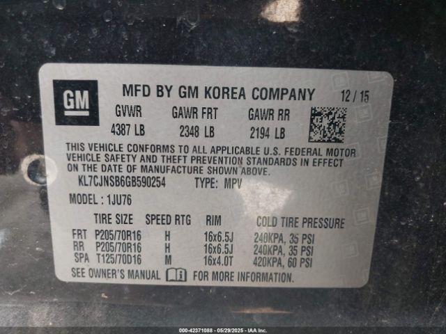 KL7CJNSB6GB590254 Chevrolet Trax 1ls