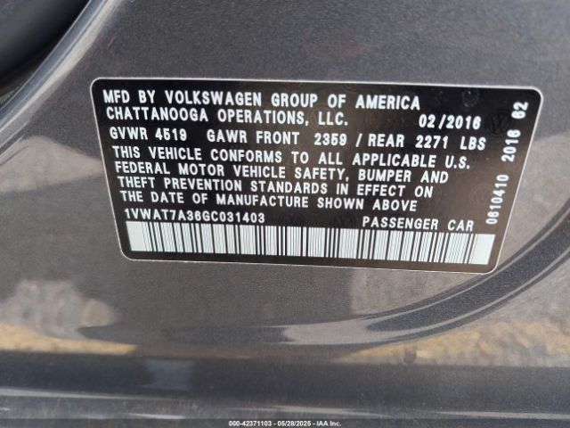 1VWAT7A36GC031403 Volkswagen Passat 1.8t S