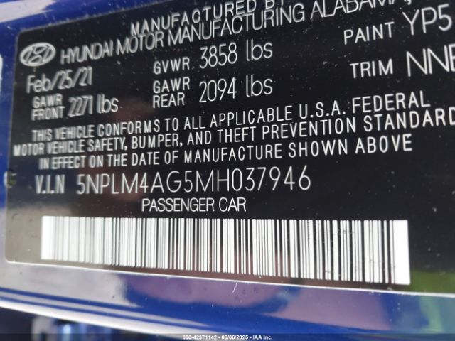 5NPLM4AG5MH037946 Hyundai ELANTRA SEL