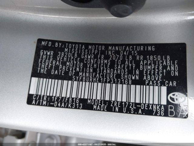 5YFBURHE1FP313168 Toyota COROLLA LE