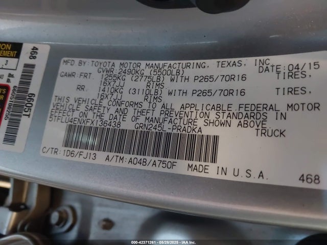 Toyota 1gr-fe 2015 5TFLU4ENXFX136438 Image 9