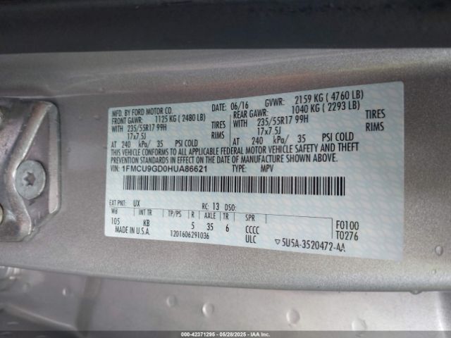 1FMCU9GD0HUA86621 Ford ESCAPE SE