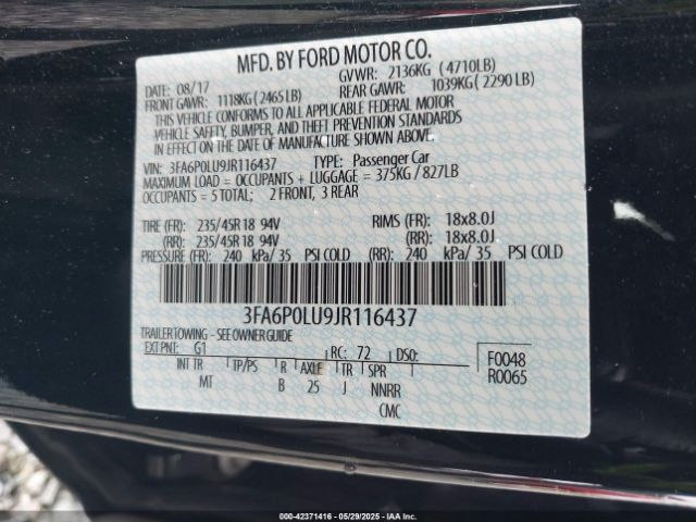 3FA6P0LU9JR116437 Ford Fusion Hybrid Se