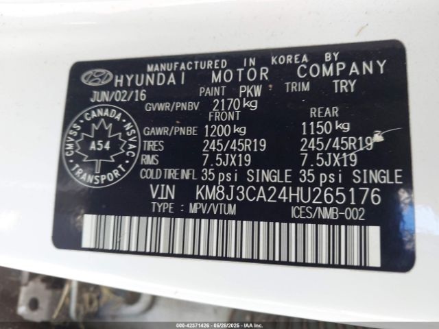 KM8J3CA24HU265176 Hyundai TUCSON SE