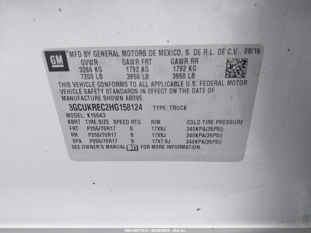 3GCUKREC2HG158124 Chevrolet l83 - sidi: spark ignited direct injection, vvt: variable valve timing, afm, e85 max, alum