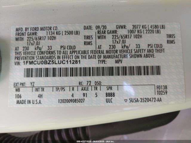 2020 FORD ESCAPE 1FMCU0BZ5LUC11281 Photo 8