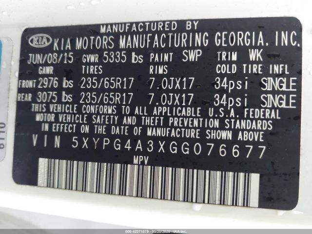5XYPG4A3XGG076677 KIA Sorento 2.4l Lx