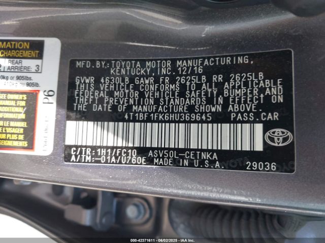 4T1BF1FK6HU369645 Toyota 2ar-fe