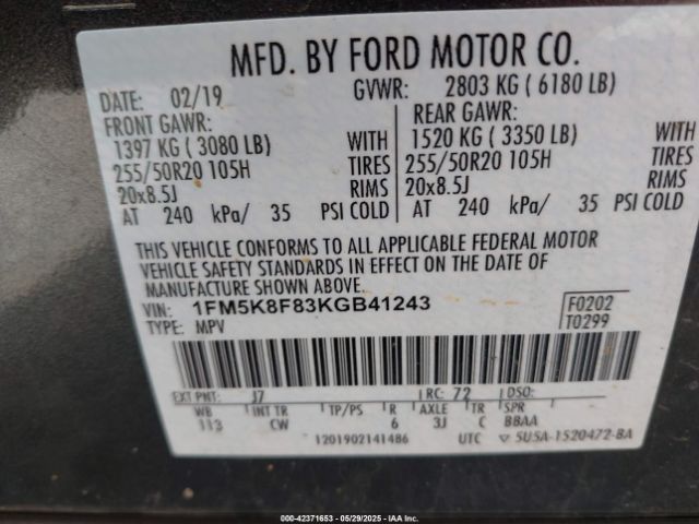 2019 FORD EXPLORER 1FM5K8F83KGB41243 Photo 8